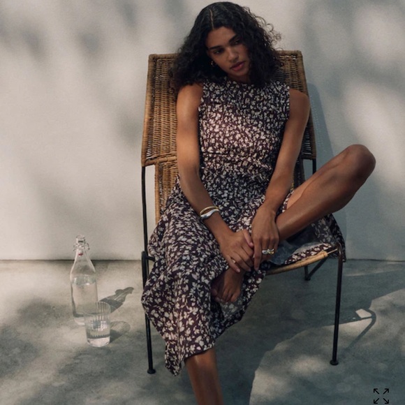 NWT Madewell Smocked Brown Sleeveless Floral Midi Dress Size 10 - Picture 2 of 12